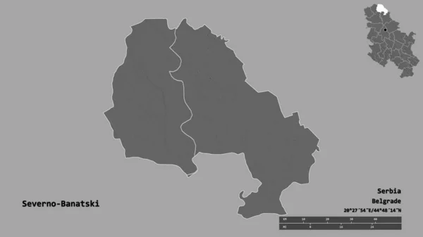 セルビア地方のセヴェルノ バナツキの形で その首都はしっかりとした背景に孤立しています 距離スケール リージョンプレビュー およびラベル 標高マップ 3Dレンダリング — ストック写真