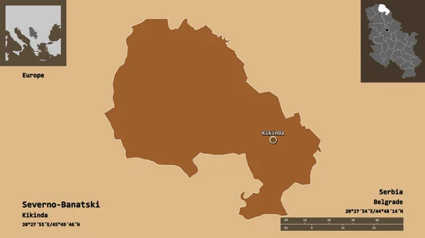 セヴェルノ バナツキの形 セルビアの地区 その首都 距離スケール プレビューおよびラベル パターン化されたテクスチャの構成 3Dレンダリング — ストック写真
