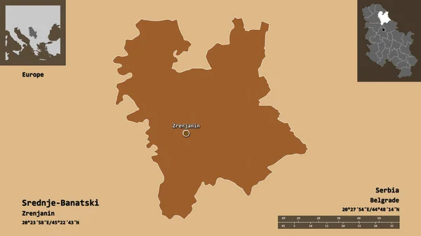 Srednje Banatskiの形 セルビアの地区 およびその首都 距離スケール プレビューおよびラベル パターン化されたテクスチャの構成 3Dレンダリング — ストック写真