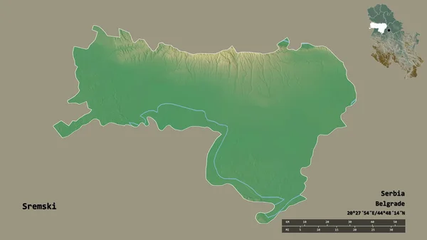 セルビア地方のスレムスキーの形で その首都はしっかりとした背景に孤立しています 距離スケール リージョンプレビュー およびラベル 地形図 3Dレンダリング — ストック写真