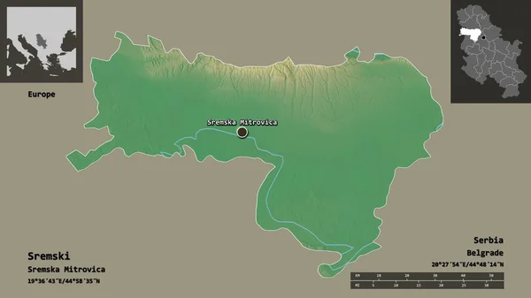 スレムスキーの形 セルビアの地区 およびその首都 距離スケール プレビューおよびラベル 地形図 3Dレンダリング — ストック写真