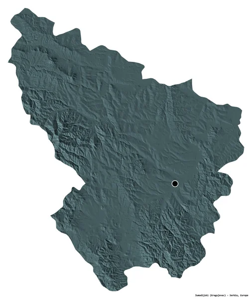 塞尔维亚Sumadijski区的形状 其首都因白人背景而孤立 彩色高程图 3D渲染 — 图库照片