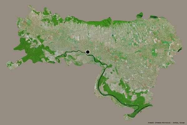 塞尔维亚斯雷姆斯基区的形状 其首都以纯色背景隔离 卫星图像 3D渲染 — 图库照片