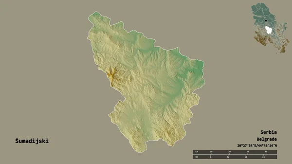 塞尔维亚Sumadijski区的形状 其首都在坚实的背景下与世隔绝 距离尺度 区域预览和标签 地形浮雕图 3D渲染 — 图库照片