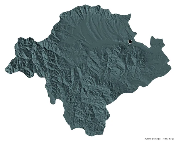 塞尔维亚托普利茨基区的形状 其首都被白色背景隔离 彩色高程图 3D渲染 — 图库照片