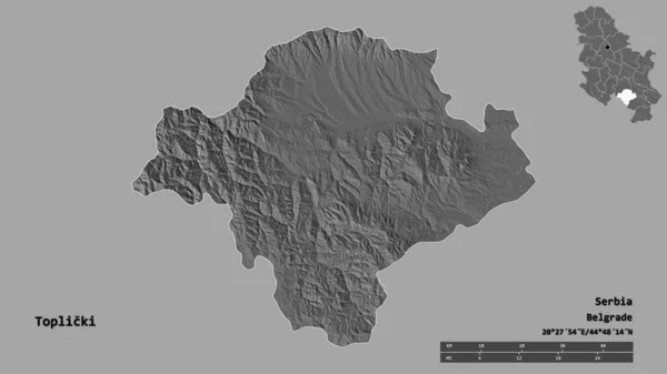 塞尔维亚托普利茨基区的形状 其首都在坚实的背景下与世隔绝 距离尺度 区域预览和标签 Bilevel高程图 3D渲染 — 图库照片