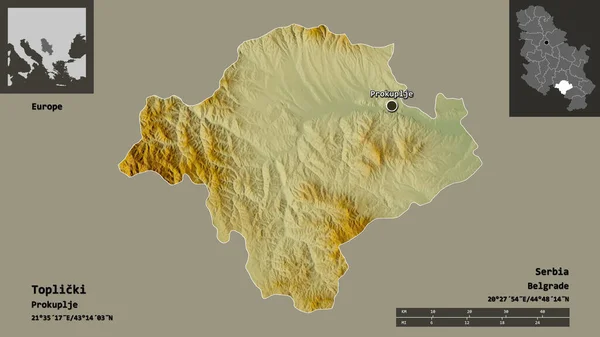 图普利茨基的形状 塞尔维亚的地区 及其首都 距离刻度 预览和标签 地形浮雕图 3D渲染 — 图库照片