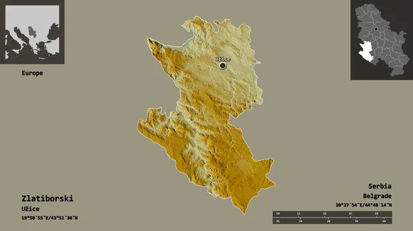 ズラティボルスキの形 セルビアの地区 そしてその首都 距離スケール プレビューおよびラベル 地形図 3Dレンダリング — ストック写真
