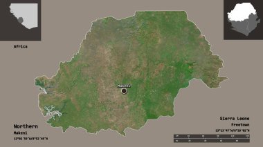 Kuzeyin şekli, Sierra Leone ili ve başkenti. Uzaklık ölçeği, ön gösterimler ve etiketler. Uydu görüntüleri. 3B görüntüleme