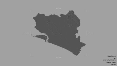 Güney bölgesi, Sierra Leone vilayeti, katı bir arka planda izole edilmiş bir sınır kutusunda. Etiketler. Çift seviyeli yükseklik haritası. 3B görüntüleme