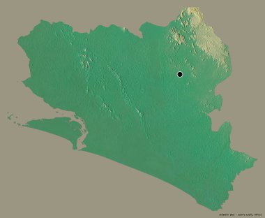 Güney 'in şekli, Sierra Leone eyaleti, başkenti katı renk arkaplanı ile izole edilmiştir. Topografik yardım haritası. 3B görüntüleme