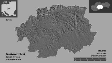 Banskobystricky 'nin şekli, Slovakya bölgesi ve başkenti. Uzaklık ölçeği, ön gösterimler ve etiketler. Çift seviyeli yükseklik haritası. 3B görüntüleme