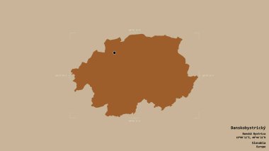 Banskobystricky bölgesi, Slovakya bölgesi, katı bir arka planda izole edilmiş bir sınır kutusunda. Etiketler. Desenli dokuların bileşimi. 3B görüntüleme