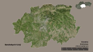 Slovakya 'nın başkenti Banskobystricky' nin katı arka planda izole edilmiş hali. Uzaklık ölçeği, bölge önizlemesi ve etiketleri. Uydu görüntüleri. 3B görüntüleme