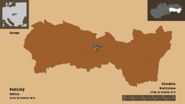 Kosicky 'nin şekli, Slovakya bölgesi ve başkenti. Uzaklık ölçeği, ön gösterimler ve etiketler. Desenli dokuların bileşimi. 3B görüntüleme
