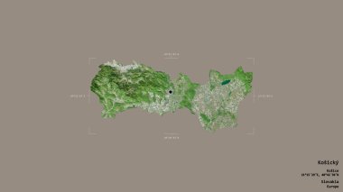 Slovakya 'nın Kosicky bölgesi, katı bir arka planda izole edilmiş bir sınır kutusunda. Etiketler. Uydu görüntüleri. 3B görüntüleme