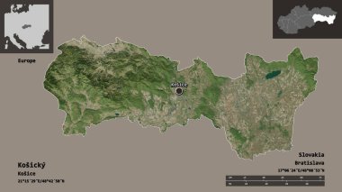 Kosicky 'nin şekli, Slovakya bölgesi ve başkenti. Uzaklık ölçeği, ön gösterimler ve etiketler. Uydu görüntüleri. 3B görüntüleme