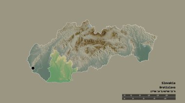 Başkenti, ana bölgesel bölümü ve ayrılmış Nitriansky bölgesiyle Slovakya 'nın dejenere edilmiş şekli. Etiketler. Topografik yardım haritası. 3B görüntüleme