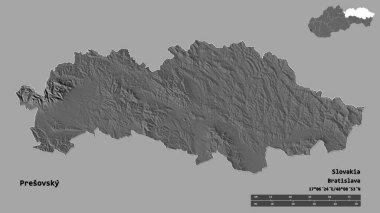Slovakya 'nın başkenti Presovsky' nin katı arka planda izole edilmiş hali. Uzaklık ölçeği, bölge önizlemesi ve etiketleri. Çift seviyeli yükseklik haritası. 3B görüntüleme