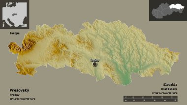 Presovsky 'nin şekli, Slovakya bölgesi ve başkenti. Uzaklık ölçeği, ön gösterimler ve etiketler. Topografik yardım haritası. 3B görüntüleme