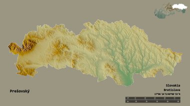 Slovakya 'nın başkenti Presovsky' nin katı arka planda izole edilmiş hali. Uzaklık ölçeği, bölge önizlemesi ve etiketleri. Topografik yardım haritası. 3B görüntüleme