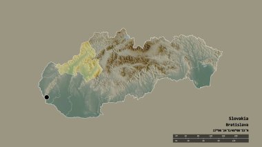 Başkenti, ana bölgesel bölümü ve ayrılmış Trenciansky bölgesiyle Slovakya 'nın dejenere edilmiş şekli. Etiketler. Topografik yardım haritası. 3B görüntüleme