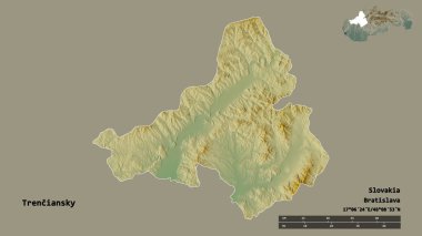 Slovakya 'nın başkenti Trenciansky' nin katı arka planda izole edilmiş hali. Uzaklık ölçeği, bölge önizlemesi ve etiketleri. Topografik yardım haritası. 3B görüntüleme