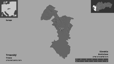 Trnavsky 'nin şekli, Slovakya bölgesi ve başkenti. Uzaklık ölçeği, ön gösterimler ve etiketler. Çift seviyeli yükseklik haritası. 3B görüntüleme