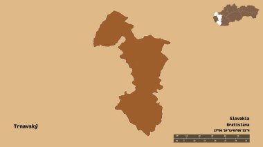 Trnavsky 'nin şekli, Slovakya bölgesi, başkenti sağlam bir zemin üzerinde izole edilmiş. Uzaklık ölçeği, bölge önizlemesi ve etiketleri. Desenli dokuların bileşimi. 3B görüntüleme