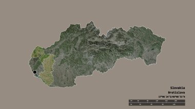 Başkenti, ana bölgesel bölümü ve ayrılmış Trnavsky bölgesi ile Slovakya 'nın dejenere edilmiş şekli. Etiketler. Uydu görüntüleri. 3B görüntüleme