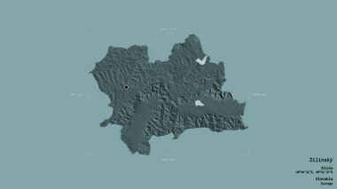 Zilinsky bölgesi, Slovakya bölgesi, jeoreferatlı bir sınır kutusunda sağlam bir arka planda izole edilmiş. Etiketler. Renkli yükseklik haritası. 3B görüntüleme