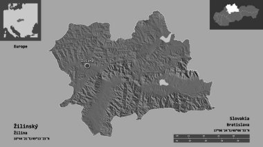 Zilinsky 'nin şekli, Slovakya bölgesi ve başkenti. Uzaklık ölçeği, ön gösterimler ve etiketler. Çift seviyeli yükseklik haritası. 3B görüntüleme