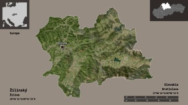 Zilinsky 'nin şekli, Slovakya bölgesi ve başkenti. Uzaklık ölçeği, ön gösterimler ve etiketler. Uydu görüntüleri. 3B görüntüleme