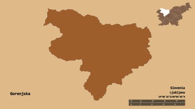 Slovenya 'nın istatistiksel bölgesi Gorenjska' nın yapısı ve sermayesi sağlam bir zemin üzerinde izole edilmiş. Uzaklık ölçeği, bölge önizlemesi ve etiketleri. Desenli dokuların bileşimi. 3B görüntüleme