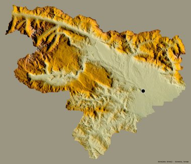 Slovenya 'nın istatistiksel bölgesi Gorenjska' nın şekli, başkenti sağlam bir renk zeminine izole edilmiş. Topografik yardım haritası. 3B görüntüleme