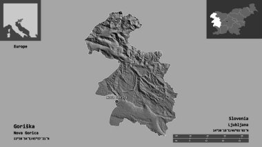 Goriska 'nın şekli, Slovenya istatistiksel bölgesi ve başkenti. Uzaklık ölçeği, ön gösterimler ve etiketler. Çift seviyeli yükseklik haritası. 3B görüntüleme