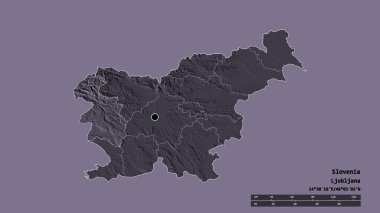 Slovenya 'nın başkenti, ana bölgesel bölünmesi ve ayrılmış Goriska bölgesiyle dejenere bir şekli var. Etiketler. Renkli yükseklik haritası. 3B görüntüleme