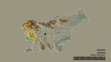 Slovenya 'nın başkenti, ana bölgesel bölünmesi ve ayrılmış Goriska bölgesiyle dejenere bir şekli var. Etiketler. Topografik yardım haritası. 3B görüntüleme