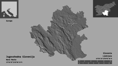 Jugovzhodna Slovenija 'nın şekli, Slovenya istatistiksel bölgesi ve başkenti. Uzaklık ölçeği, ön gösterimler ve etiketler. Çift seviyeli yükseklik haritası. 3B görüntüleme
