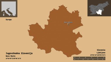 Jugovzhodna Slovenija 'nın şekli, Slovenya istatistiksel bölgesi ve başkenti. Uzaklık ölçeği, ön gösterimler ve etiketler. Desenli dokuların bileşimi. 3B görüntüleme