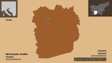 Notranjsko-kraska 'nın şekli, Slovenya istatistiksel bölgesi ve başkenti. Uzaklık ölçeği, ön gösterimler ve etiketler. Desenli dokuların bileşimi. 3B görüntüleme