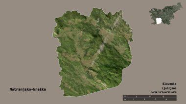 Slovenya 'nın istatistiksel bölgesi Notranjsko-kraska' nın şekli ve sermayesi sağlam bir zemin üzerinde izole edilmiş. Uzaklık ölçeği, bölge önizlemesi ve etiketleri. Uydu görüntüleri. 3B görüntüleme