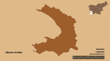 Slovenya 'nın istatistiksel bölgesi Obalno-kraska' nın şekli, başkenti sağlam bir zemin üzerinde izole edilmiş. Uzaklık ölçeği, bölge önizlemesi ve etiketleri. Desenli dokuların bileşimi. 3B görüntüleme