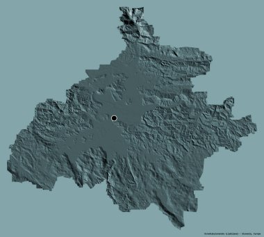 Slovenya 'nın istatistiksel bölgesi Osrednjeslovenska' nın şekli, başkenti sağlam bir renk arkaplanına sahip. Renkli yükseklik haritası. 3B görüntüleme