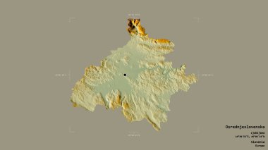Slovenya 'nın istatistiksel bölgesi Osrednjeslovenska' nın alanı, jeoreferatlı bir sınır kutusunun sağlam bir arka planında izole edilmiş. Etiketler. Topografik yardım haritası. 3B görüntüleme