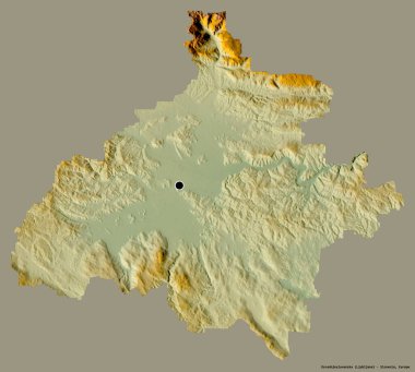 Slovenya 'nın istatistiksel bölgesi Osrednjeslovenska' nın şekli, başkenti sağlam bir renk arkaplanına sahip. Topografik yardım haritası. 3B görüntüleme