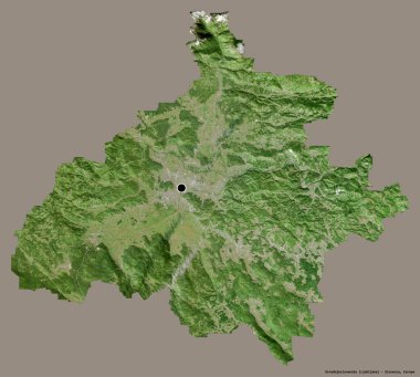 Slovenya 'nın istatistiksel bölgesi Osrednjeslovenska' nın şekli, başkenti sağlam bir renk arkaplanına sahip. Uydu görüntüleri. 3B görüntüleme