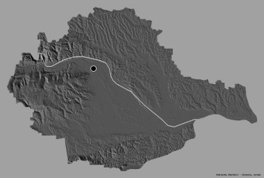 Slovenya 'nın istatistiksel bölgesi Podravska' nın şekli, başkenti sağlam bir renk arkaplanına sahip. Çift seviyeli yükseklik haritası. 3B görüntüleme