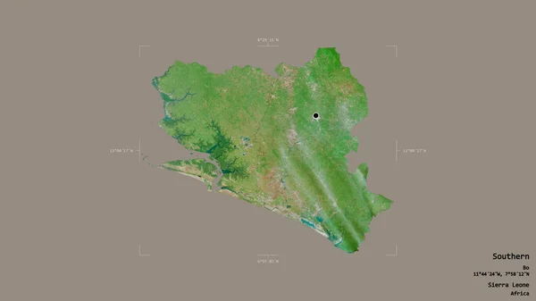 シエラレオネの南部の地域は 洗練された境界の箱の中にしっかりとした背景に隔離されています ラベル 衛星画像 3Dレンダリング — ストック写真