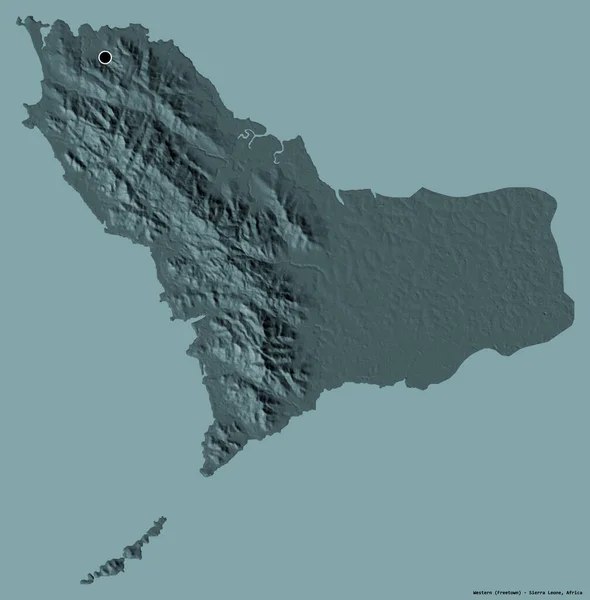 塞拉利昂西部的形状 其首都用纯色背景隔开 彩色高程图 3D渲染 — 图库照片